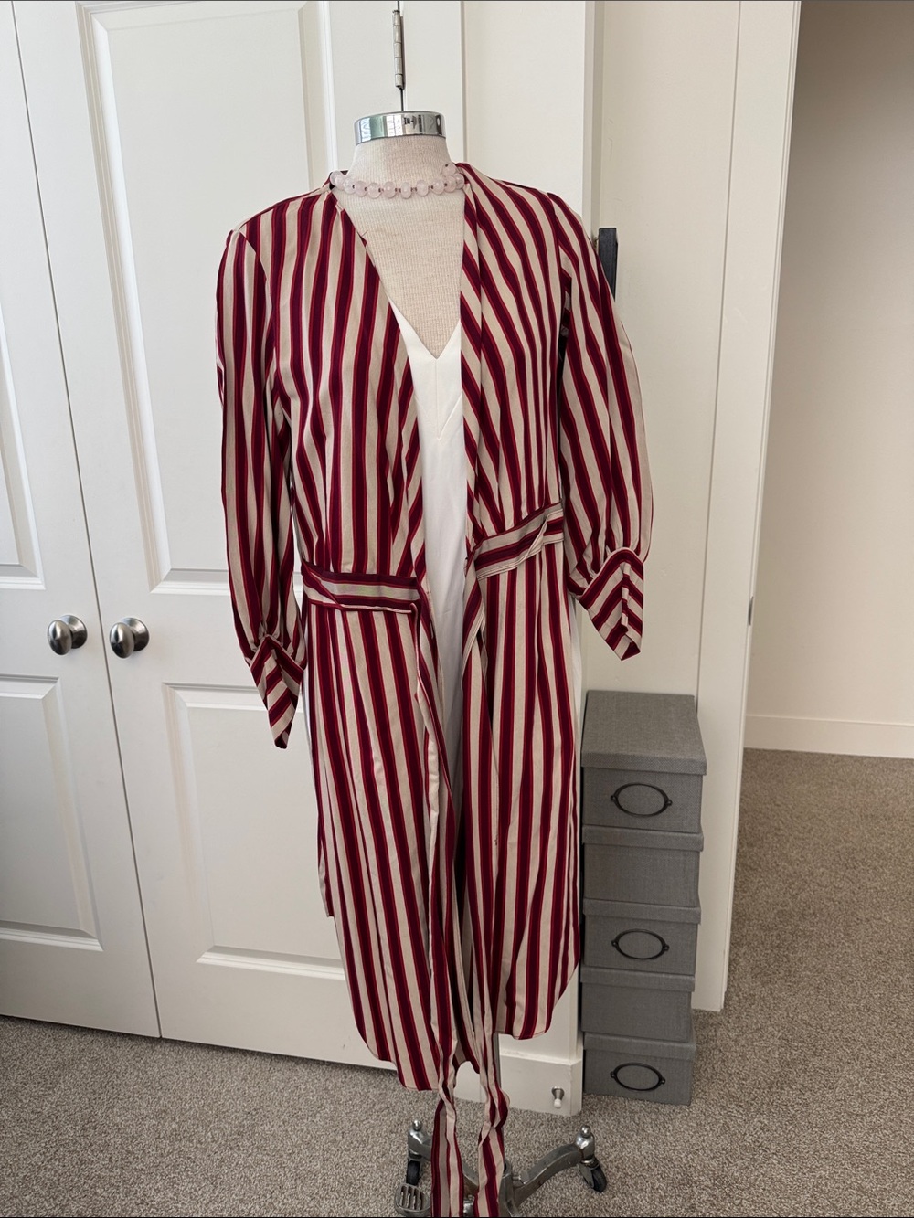 Zara Striped Long Duster Cardigan in Burgundy & Cream